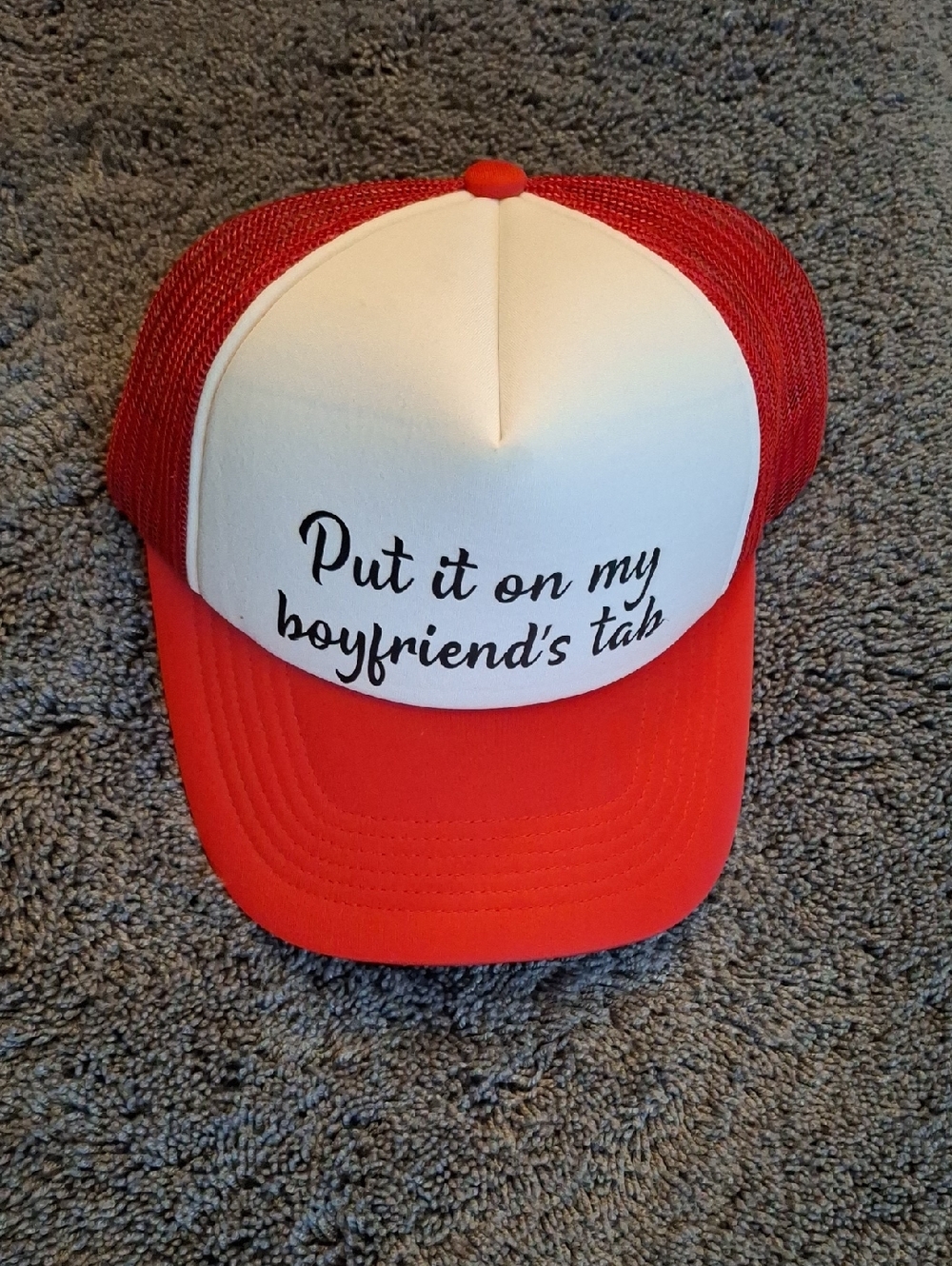 Red & White Trucker Hat with 'Put it on my boyfriend's tab' Script